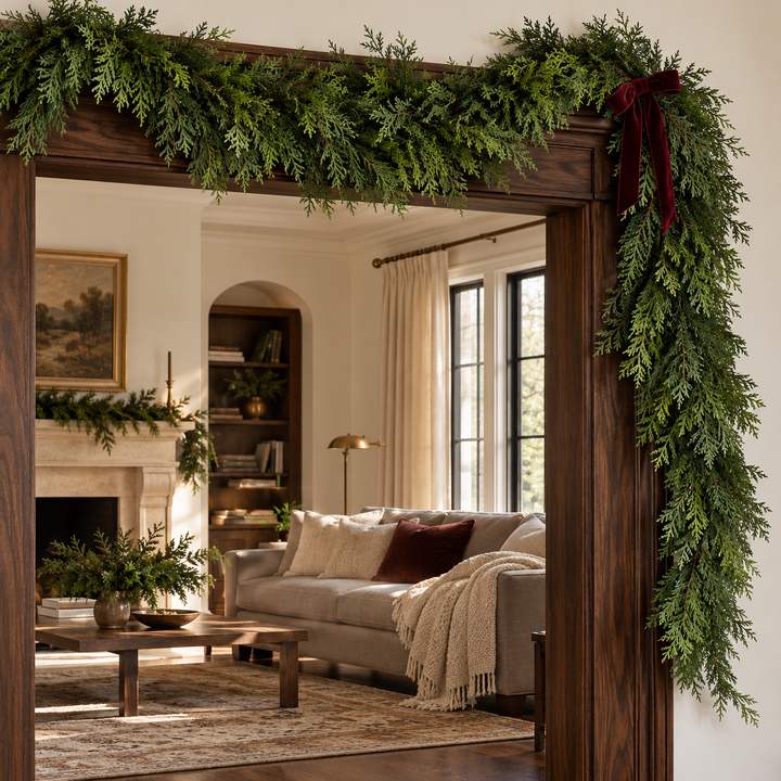 RiseNBuy cedar garland framing a welcoming doorway