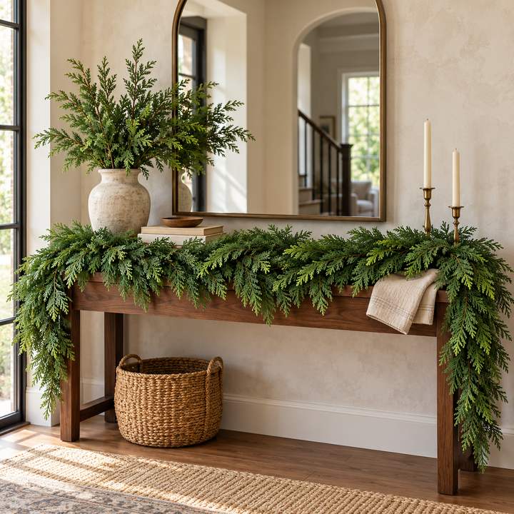 RiseNBuy cedar garland styled on a walnut entryway console