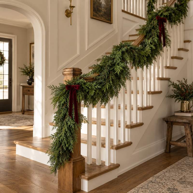 RiseNBuy cedar garland draped along an oak staircase