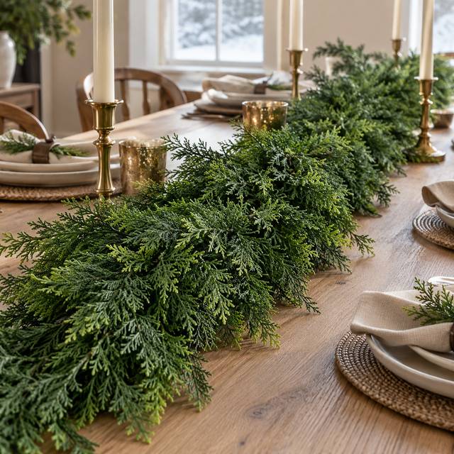 RiseNBuy cedar garland arranged on a holiday dining table