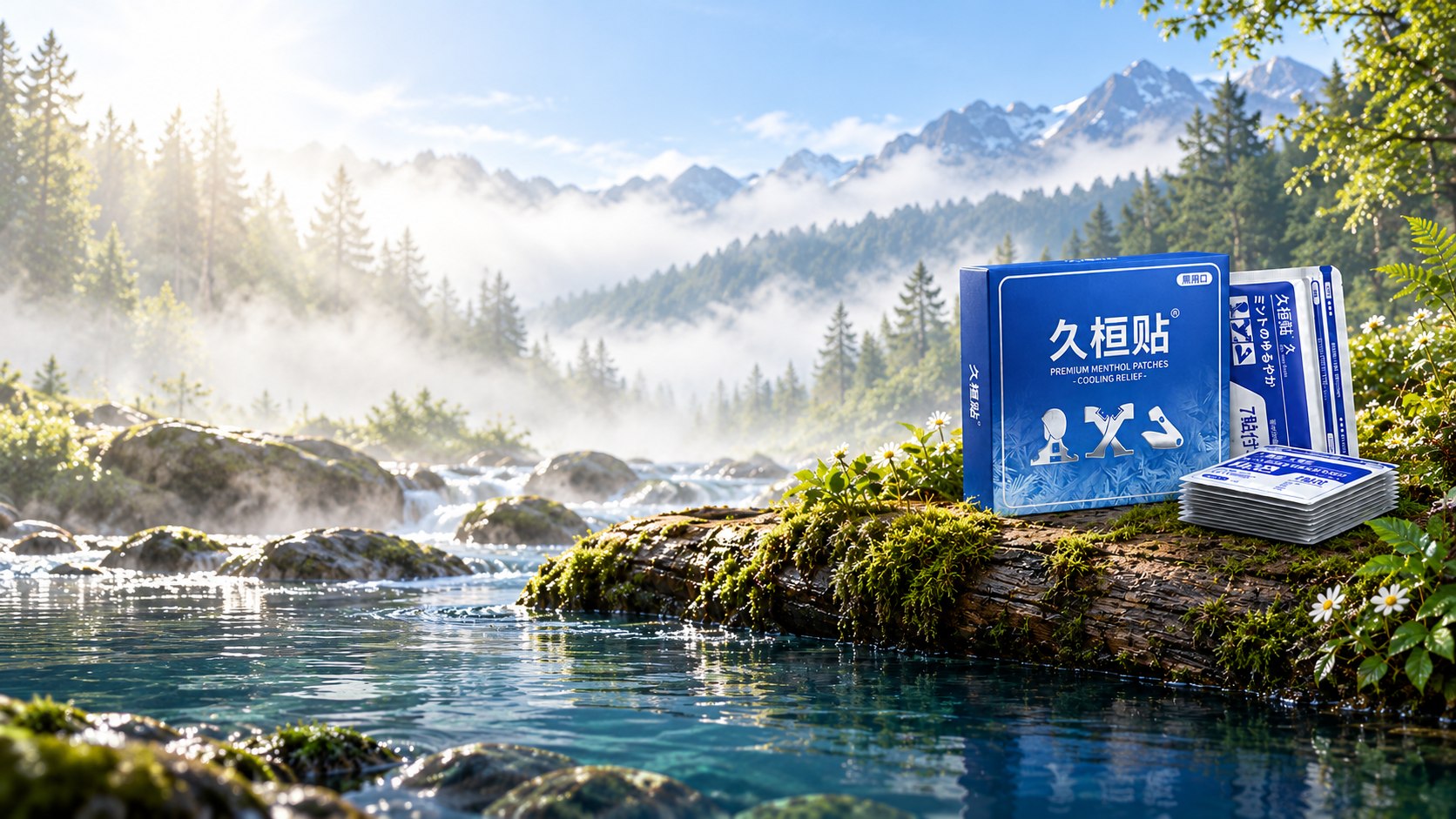 Painpatch packs beside a peaceful forest stream